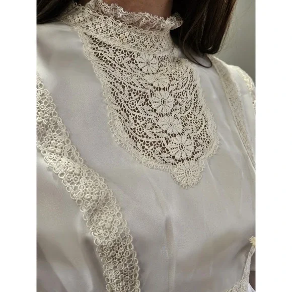 Vintage 70s Cream Prairie Dress Victorian Peasant Cottage Lace Boho Wedding Gown - Picture 4 of 16